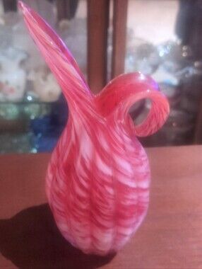 Mid-Century red and white swirl art glass ewer or small pitcher.